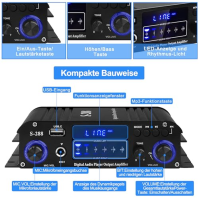 HiFi zesilovač S-288 600W mini Bluetooth stereo audio zesilovač receiver 12V/220V 4 kanály digitální koncový zesilovač s LCD dis